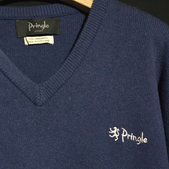 Pringle of Scotland V Neck Lambswool Argyle Sleeve Sweater - Blue - Sz L* - Picture 2 of 5